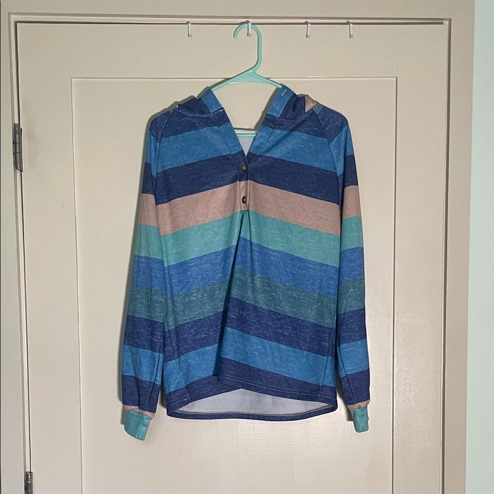 Striped Hooded Pullover in Blue and Teal